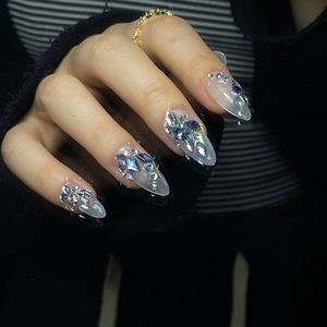 Reusable blue glitter diamond rhinestone on milky white handmade press on nail